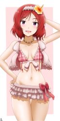 Rule 34 | 1girl, a port in any storm, absurdres, bare shoulders, breasts, cleavage, highres, looking at viewer, love live!, nishikino maki, open mouth, purple eyes, red hair, small breasts, smile, solo, swimsuit