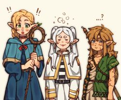 Rule 34 | !, !!, 1boy, 2girls, :3, :d, :o, ?, ^ ^, arm armor, belt, blonde hair, blue capelet, blue dress, blue eyes, blush stickers, capelet, choker, closed eyes, commentary, crossover, dangle earrings, dress, dungeon meshi, earrings, elf, english commentary, forehead, frieren, green eyes, hair between eyes, height difference, highres, holding, holding staff, hood, hooded capelet, jewelry, light brown hair, link, long hair, long sleeves, looking at viewer, mage staff, marcille donato, multiple crossover, multiple girls, nintendo, open mouth, parted bangs, pointy ears, red choker, scar, scar on arm, scar on chest, scar on face, shield, shield on back, shmeck, sidelocks, simple background, sleepy, smile, sousou no frieren, staff, the legend of zelda, the legend of zelda: tears of the kingdom, thick eyebrows, weapon, weapon on back, white capelet, white dress, white hair