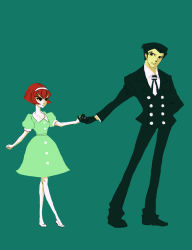 Rule 34 | 1boy, 1girl, android, black hair, bob cut, dress, gloves, green background, hairband, hetero, highres, holding hands, image sample, pale skin, pixiv sample, puffy sleeves, r dorothy wayneright, red hair, resized, roger smith, short hair, simple background, the big o