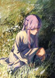 Rule 34 | 1girl, absurdres, blunt bangs, blush, breasts, day, dress, fern (sousou no frieren), grass, grey dress, highres, large breasts, long hair, long sleeves, looking at viewer, outdoors, purple eyes, purple hair, solo, sousou no frieren, zzzpr7
