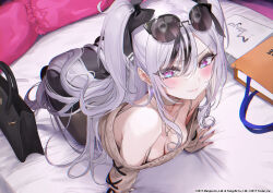 Rule 34 | 1girl, all fours, azur lane, bag, bare shoulders, bed, black skirt, blue eyes, bow, bra strap, breasts, brown choker, brown pantyhose, brown sweater, choker, cleavage, downblouse, elbe (azur lane), elbe (pure-hearted bad girl) (azur lane), eyewear on head, from above, hair bow, jewelry, long hair, long sleeves, looking at viewer, medium breasts, multicolored eyes, multicolored hair, necklace, nekometaru, off-shoulder sweater, off shoulder, official alternate costume, on bed, over-rim eyewear, pantyhose, pencil skirt, purple eyes, semi-rimless eyewear, sidelocks, skirt, smile, solo, streaked hair, sunglasses, sweater, two side up, v-shaped eyebrows, very long hair, wavy mouth, white hair