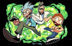 Rule 34 | 2boys, belt, blue shirt, brown hair, copyright name, flying sweatdrops, grey hair, highres, holding, lab coat, male focus, messy hair, mortimer smith, morty smith, multiple boys, open mouth, pants, rariatto (ganguri), rick and morty, rick sanchez, shirt, sweat, twitter username, yellow shirt