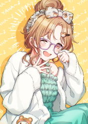 Rule 34 | 1girl, animal print, aqua dress, bear print, bespectacled, blush, bow, brown eyes, brown hair, clothing request, dress, frilled dress, frills, fur, glasses, hair bow, hair bun, hair ornament, hairband, hairclip, hand to own mouth, highres, ichikawa hinana, idolmaster, idolmaster shiny colors, jacket, light brown hair, long sleeves, looking at viewer, musical note, noctchill (idolmaster), one eye closed, open mouth, parted bangs, pocket, print bow, print hairband, shadow, shinishi chiho, sleeveless, sleeveless dress, sleeves past wrists, solo, stuffed animal, stuffed toy, teddy bear, teddy bear hair ornament, white hairband, white jacket, yawning, yellow background