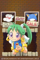 Rule 34 | 1girl, :3, asha (monster world), bare shoulders, boots, brick wall, earrings, english text, green hair, jewelry, merchant, monster world, monster world iv, official art, official wallpaper, own hands clasped, own hands together, parody, pepelogoo, ponytail, purple eyes, sega, shoes, smile, sweatdrop, wallpaper, winged footwear, wings, wonder boy in monster land, wonder boy monster land