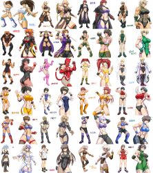 Rule 34 | 6+girls, abs, alternate costume, before and after, black hair, blue hair, breasts, brown hair, character request, character sheet, commentary request, dark skin, fighting stance, grey hair, highres, kendo, large breasts, medium breasts, midriff, multiple girls, muscular, muscular female, original, retro artstyle, short hair, taroimo (00120014), translation request, waving, white background, wrestling, wrestling boots, wrestling outfit