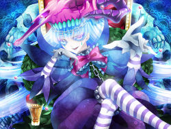 Rule 34 | 1girl, blue hair, bow, chain, crossed legs, facepaint, frills, gloves, green eyes, head rest, heterochromia, long hair, original, pantyhose, red eyes, rinko (mg54), sitting, skull, solo, striped clothes, striped pantyhose