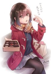 Rule 34 | 10s, 1girl, alternate costume, artist name, bag, black pantyhose, blush, box, box of chocolates, brown eyes, brown hair, chocolate, coat, grey skirt, hair between eyes, handbag, heart-shaped box, holding, holding box, kantai collection, long sleeves, looking at viewer, morigami (morigami no yashiro), open mouth, pantyhose, plaid, plaid scarf, red coat, scarf, sendai (kancolle), short hair, sitting, sketch, skirt, solo, translated, twitter username, two side up, valentine