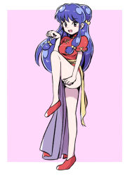 Rule 34 | 1girl, blue hair, blush, border, bow, brown eyes, china dress, chinese clothes, double bun, dress, flats, hair bow, hair bun, leg up, long hair, open mouth, paw pose, pink background, ranma 1/2, red dress, red footwear, shampoo (ranma 1/2), sidelocks, solo, thighs, truth-pp, white border