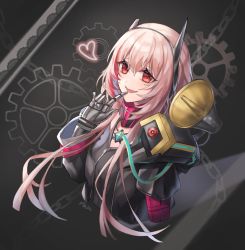 Rule 34 | 1girl, black jacket, dinergate (girls&#039; frontline), finger to mouth, girls&#039; frontline, hair ornament, hairband, heart, heart print, highres, jacket, long hair, looking at viewer, m4 sopmod ii (girls&#039; frontline), mechanical arms, mikita z, open mouth, pink hair, red eyes, scarf, simple background, single mechanical arm, smile, solo focus