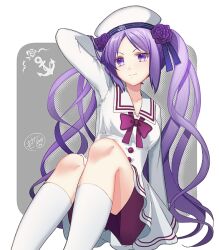 Rule 34 | beret, bike shorts, euryale (fate), euryale (miss sailor in white uniform) (fate), fate/grand order, fate (series), hat, ittokyu, official alternate costume, purple eyes, purple hair, sailor collar, solo, twintails, white sailor collar