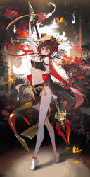 Rule 34 | 1girl, alternate costume, bare shoulders, black shirt, brown hair, commentary, crop top, detached sleeves, full body, genshin impact, holding, holding staff, hu tao (genshin impact), long sleeves, midriff, navel, no shoes, pelvic curtain, red eyes, scottie (phantom2), shirt, single thighhigh, sleeveless, sleeveless shirt, solo, staff, staff of homa (genshin impact), standing, stomach, thighhighs, white thighhighs