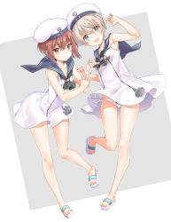 Rule 34 | 2girls, anchor, animal print, armpits, arms up, bad id, bad pixiv id, bear panties, bear print, black neckerchief, black sailor collar, blue eyes, blush, brown eyes, brown hair, closed mouth, clothes writing, collarbone, commentary request, dress, full body, hair between eyes, hat, highres, kantai collection, legs, looking at viewer, multiple girls, neckerchief, open mouth, panties, pantyshot, print panties, sailor collar, sailor dress, sailor hat, sandals, shiosoda, short hair, side-tie panties, silver hair, simple background, smile, thighs, underwear, white background, white dress, white hat, white panties, z1 leberecht maass (kancolle), z3 max schultz (kancolle)