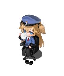 Rule 34 | 1girl, black footwear, black pantyhose, blonde hair, blue eyes, blue hat, blue jacket, blue skirt, blush, chair, chibi, collared shirt, commentary, cup, dokomon, eyebrows hidden by hair, from above, girls&#039; frontline, hair between eyes, hat, highres, holding, holding cup, jacket, long hair, long sleeves, looking away, mug, necktie, office chair, on chair, pantyhose, peaked cap, pleated skirt, red necktie, shadow, shirt, shoes, sitting, skirt, sleeves past wrists, solo, super-shorty (girls&#039; frontline), swivel chair, symbol-only commentary, two side up, unworn shoe, unworn shoes, very long hair, white background, white shirt