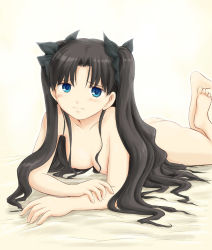 Rule 34 | 00s, 1girl, barefoot, black hair, blue eyes, breasts, fate/stay night, fate (series), feet, long hair, lying, medium breasts, nipples, nude, on stomach, ryp, solo, tohsaka rin, twintails, two side up