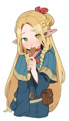 Rule 34 | 1girl, absurdres, blonde hair, blue capelet, blush, braid, capelet, commentary, cowboy shot, cropped legs, dungeon meshi, elf, english commentary, forehead, furrowed brow, green eyes, highres, long hair, long sleeves, looking at viewer, marcille donato, mouth hold, opossumachine, pointy ears, pouch, side braids, simple background, solo, white background, wide sleeves, wooden spoon