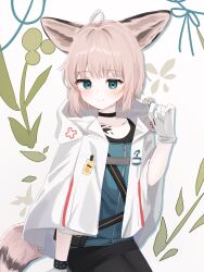 Rule 34 | 1girl, ahoge, animal ear fluff, animal ears, arknights, black choker, black pantyhose, blue dress, blue eyes, blush, brown hair, choker, closed mouth, collarbone, commentary request, dress, flower, fox ears, fox girl, fox tail, gloves, grey background, hand up, highres, holding, holding flower, hood, hood down, hooded jacket, jacket, looking at viewer, nishimiya aki, open clothes, open jacket, pantyhose, simple background, smile, solo, sussurro (arknights), tail, white flower, white gloves, white jacket