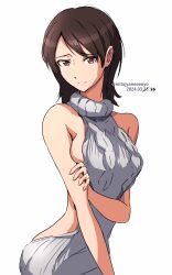 Rule 34 | 1girl, absurdres, amagami, bare arms, bare shoulders, breasts, brown eyes, brown hair, closed mouth, dated, highres, large breasts, looking at viewer, meme attire, mitojyaneeeeyo, naked sweater, short hair, sideboob, simple background, solo, sweater, takahashi maya, turtleneck, turtleneck sweater, virgin killer sweater, white background, white sweater