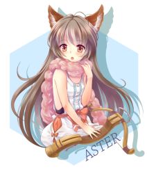 Rule 34 | 10s, 1girl, :o, animal ears, antenna hair, aster (granblue fantasy), bare arms, blush, bow, bow (weapon), brown eyes, brown hair, character name, crossbow, dog ears, dress, erune, feather boa, flat chest, granblue fantasy, hexagon, long hair, open mouth, piko (mea), pink scarf, sash, scarf, simple background, sleeveless, sleeveless dress, solo, upper body, very long hair, weapon, white background, white dress