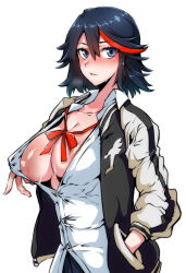 Rule 34 | 1girl, absurdres, black hair, blue eyes, blush, breasts, cleavage, collarbone, gggg, hand in pocket, highres, jacket, kill la kill, large areolae, large breasts, looking at viewer, matoi ryuuko, multicolored hair, partially unbuttoned, red hair, school uniform, shirt, short hair, skirt, solo, streaked hair, sweat, white background, white shirt