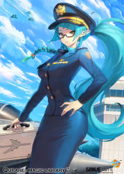Rule 34 | 1girl, aircraft, airplane, blue hair, braid, breasts, delphine (qurare), fighter jet, glasses, hand on own hip, jet, long hair, looking at viewer, military, military uniform, military vehicle, ningu, pantyhose, pointy ears, ponytail, qurare magic library, solo, uniform, yellow eyes