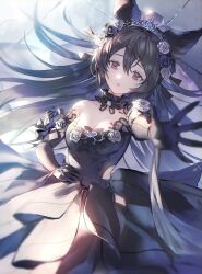 Rule 34 | 1girl, animal ears, bare shoulders, black dress, black flower, black gloves, black hair, black rose, breasts, choker, cleavage, clothing cutout, dress, elbow gloves, flower, frilled choker, frills, gloves, granblue fantasy, hair between eyes, hair flower, hair ornament, highres, long hair, looking at viewer, lying, nier (granblue fantasy), on back, outstretched arm, parted lips, reaching, reaching towards viewer, red eyes, rose, shiromimin, small breasts, solo, strapless, strapless dress, tiara, tile floor, tiles, white flower, white rose