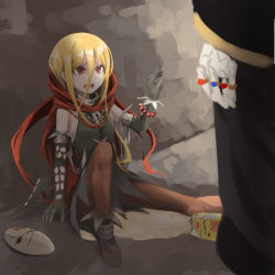Rule 34 | 1boy, 1girl, ainz ooal gown, artist request, blonde hair, bone, bullying, cape, crying, evileye (overlord), gloves, hood, jewelry, juice, juice box, lock, long hair, long sleeves, mask, open mouth, overlord (maruyama), red eyes, ring, skeleton, skirt, spikes, tears, undead