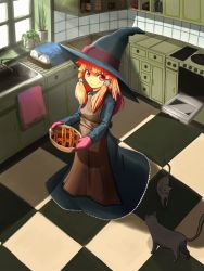 Rule 34 | 1girl, apple pie, apron, black cat, blue dress, blush stickers, cabinet, cat, checkered floor, cooking, counter, dishes, dress, floor, food, from above, full body, hair tubes, hat, hat ribbon, kitchen, light smile, long dress, long hair, looking at viewer, looking up, magician, mittens, orange hair, original, oven, oven mitts, perspective, pie, plant, potted plant, red eyes, ribbon, shadow, sidelocks, sink, solo, sunlight, tiles, towel, window, witch, witch hat, yammy (artist), yammy (cellblo)