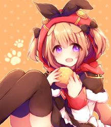 Rule 34 | 1girl, :d, animal ears, azur lane, black bow, blush, bow, brown capelet, brown skirt, brown thighhighs, capelet, commentary request, cup, dog ears, fur-trimmed capelet, fur trim, hair between eyes, hair bow, haru ichigo, head tilt, highres, holding, holding cup, hood, hood up, light brown hair, long sleeves, mug, norfolk (azur lane), open mouth, orange background, purple eyes, shirt, skirt, sleeves past wrists, smile, solo, thighhighs, two side up, white shirt