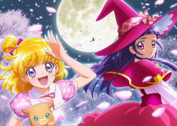 Rule 34 | 2girls, :3, :d, artist request, asahina mirai, bear, blonde hair, blue eyes, bow, capelet, cherry blossoms, cowboy shot, creature, full moon, hair bow, hair bun, hat, izayoi liko, long hair, looking at viewer, mahou girls precure!, mofurun (mahou girls precure!), moon, multiple girls, official art, open mouth, pink bow, precure, purple eyes, purple hair, riko (mahou girls precure!), short hair, single hair bun, smile, star (symbol), star in eye, symbol in eye, tree, witch hat