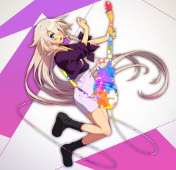 Rule 34 | 1girl, black footwear, blue eyes, boots, braid, cable, floating hair, full body, guitar, hair between eyes, holding, holding instrument, ia (vocaloid), instrument, long hair, looking at viewer, matsuda toki, music, open mouth, pencil skirt, playing instrument, plectrum, purple shirt, purple skirt, shirt, side braid, skirt, solo, twin braids, very long hair, vocaloid, white hair