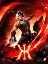 Rule 34 | 1boy, black hair, fire, fire, glowing, glowing eyes, male focus, metal gloves, multicolored hair, muscular, muscular male, nameless (kof), official art, pyrokinesis, red eyes, snk, solo, the king of fighters, the king of fighters 2002, the king of fighters all-stars, two-tone hair, white hair