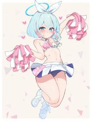 Rule 34 | 1girl, arm up, arona (blue archive), asumi maboroshi, blue archive, blue eyes, blue hair, blue halo, blue panties, bow hairband, braid, breasts, cheerleader, closed mouth, commentary request, crop top, detached collar, footwear ribbon, grey background, hair ribbon, hairband, halo, halterneck, hand up, heart, highres, jumping, light blue hair, long hair, millennium cheerleader outfit (blue archive), multicolored hair, navel, panties, pink hair, pleated skirt, pom pom (cheerleading), ribbon, shoes, short hair, side braid, single braid, skirt, small breasts, sneakers, solo, sports bra, sweat, two-tone hair, underwear, very long hair, white footwear, white hairband, white ribbon