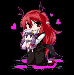 Rule 34 | 1girl, bat wings, bow, byourou, character doll, crescent, hair bow, hat, head wings, heart, kneeling, koakuma, long hair, pantyhose, patchouli knowledge, pointy ears, purple eyes, purple hair, red eyes, red hair, smile, solo, touhou, wings
