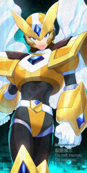 1boy armor blue_eyes cape chest_jewel clenched_hands cowboy_shot forehead_jewel gate_(mega_man) gold_armor gold_helmet highres male_focus mega_man_(series) mega_man_x6 mega_man_x_(series) solo twitter_username watermark white_cape yamanashi_taiki