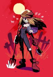 Rule 34 | 1girl, axe, black eyes, blonde hair, cabbie hat, fence, gloves, hair over one eye, hat, highres, holding, holding axe, jacket, laughing, linda (rariatto), looking at viewer, one eye covered, open clothes, open jacket, original, overalls, pitchfork, rariatto (ganguri), red gloves, scarecrow, short sleeves, smile, solo