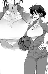 Rule 34 | 1girl, ball, basketball, basketball (object), black hair, breasts, collarbone, commentary, greyscale, hair between eyes, hair bun, hand on own hip, highres, holding, holding ball, instant loss, jacket, large breasts, messy hair, mole, mole under mouth, monochrome, multiple views, open mouth, original, pants, ratatatat74, shirt, sportswear, symbol-only commentary, track jacket, track pants, whistle, whistle around neck