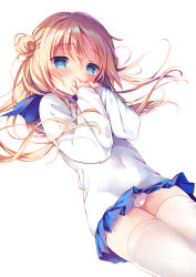 Rule 34 | 1girl, amanagi seiji, aqua eyes, blonde hair, blue sailor collar, blue skirt, blush, cameltoe, commentary request, covered mouth, covering own mouth, double bun, hair between eyes, hair bun, hand over own mouth, hands up, heart, heart-shaped pupils, long hair, long sleeves, looking at viewer, microskirt, original, own hands together, panties, pantyshot, pleated skirt, sailor collar, school uniform, serafuku, shirt, side bun, simple background, skirt, sleeves past wrists, solo, symbol-shaped pupils, thighhighs, underwear, very long hair, white background, white panties, white shirt, white thighhighs
