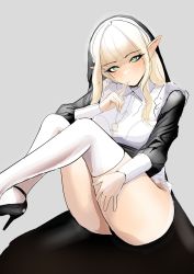 Rule 34 | 1girl, absurdres, ankle strap, black dress, black footwear, blonde hair, closed mouth, commentary, dot nose, dress, elf, english commentary, finger to mouth, frown, green eyes, heart, heart-shaped pupils, high heels, highres, index finger raised, jewelry, knees up, long bangs, long hair, long sleeves, looking at viewer, miaru, mole, mole under eye, necklace, nun, original, over-kneehighs, pointy ears, shadow, simple background, sitting, symbol-shaped pupils, thighhighs, thighs, white background, white thighhighs