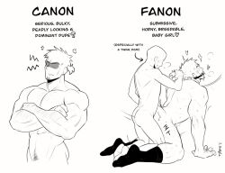 Rule 34 | 2boys, anal, ass, ball gag, bara, blush, canon vs fanon (meme), completely nude, crossed arms, doggystyle, doodlefish, english text, faceless, faceless male, facial hair, gag, gagged, grabbing another&#039;s hair, highres, large pectorals, male focus, meme, monochrome, multiple boys, muscular, muscular male, nude, original, pectorals, sex, sex from behind, short hair, smile, socks, yaoi