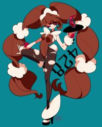 Rule 34 | 1girl, blue background, breasts, brown hair, cleavage, creatures (company), drink, game freak, gen 4 pokemon, high heels, leotard, long hair, lopunny, makeup, mega lopunny, mega pokemon, nintendo, one eye closed, playboy bunny, pokedex number, pokemon, pokemon (creature), sameyama jiro, simple background, solo, tail, thighhighs, twintails, wink