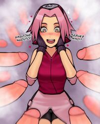 Rule 34 | 1girl, 6+boys, :d, bare shoulders, black gloves, black shorts, blush, cameltoe, cleft of venus, english text, forehead protector, gloves, hands on own cheeks, hands on own face, hands up, haruno sakura, heart, heart-shaped pupils, highres, konohagakure symbol, loodncrood, looking at penis, multiple boys, naruto (series), naruto shippuuden, open mouth, penis, penis awe, pink hair, shiny skin, short hair, shorts, smile, solo focus, surrounded by penises, symbol-shaped pupils, teeth, upper teeth only