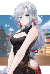 Rule 34 | 1girl, absurdres, bare arms, bare shoulders, blue eyes, bodysuit, breasts, cleavage, cleavage cutout, closed mouth, clothing cutout, commentary, earrings, expressionless, genshin impact, grey hair, highres, hip vent, jewelry, lebring, letterboxed, long hair, looking at viewer, medium breasts, outside border, shenhe (genshin impact), solo, tassel, upper body, v arms