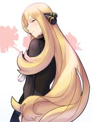 Rule 34 | 1girl, black shirt, blonde hair, closed mouth, creatures (company), cynthia (pokemon), from behind, fur collar, game freak, grey eyes, hair ornament, highres, long hair, long sleeves, looking at viewer, mixed-language commentary, nintendo, pokemon, pokemon dppt, profile, shirt, smile, solo, spyg, upper body, very long hair, wavy hair