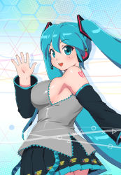 Rule 34 | 1girl, aqua eyes, aqua hair, armpits, bare shoulders, black skirt, black sleeves, blush, breasts, commentary request, covered erect nipples, detached sleeves, halterneck, hatsune miku, headphones, headset, highres, large breasts, long hair, looking at viewer, looking back, mage (harumagedon), necktie, no bra, pleated skirt, plump, shiny skin, shoulder tattoo, sideboob, skirt, solo, tattoo, thick thighs, thighs, twintails, very long hair, vocaloid, waving, waving arms, white background