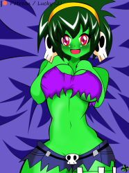 Rule 34 | absurdres, breasts, earrings, green hair, highres, jewelry, lucky-jj, monster girl, red eyes, rottytops, shantae (series), simple background, skull earrings, tagme, undead, zombie, zombie girl