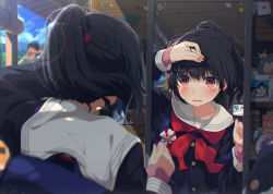 Rule 34 | 1boy, 1girl, adjusting hair, alarm clock, arm up, bag, black hair, blue eyes, blurry, blurry foreground, blush, clock, collarbone, commentary request, day, depth of field, drawer, from behind, heart, lens flare, long sleeves, mirror, neckerchief, ogipote, open mouth, original, outdoors, photo (object), ponytail, red eyes, red neckerchief, reflection, sailor collar, school bag, school uniform, serafuku, short hair, solo focus, star (symbol), stuffed toy, upper body, white sailor collar, yawning