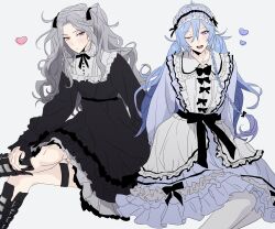 Rule 34 | 2boys, absurdres, black dress, black footwear, blue dress, blue hair, boots, bow, braid, closed mouth, commentary request, crossdressing, dress, ensemble stars!, feet out of frame, frilled dress, frilled shirt collar, frills, grey background, grey hair, grey pantyhose, hair between eyes, heart, hibiki wataru, highres, invisible chair, jiz (pffbq), long hair, long sleeves, looking at viewer, low twintails, male focus, multiple boys, one eye closed, pantyhose, puffy long sleeves, puffy sleeves, purple eyes, ran nagisa, simple background, single braid, sitting, trap, twintails, very long hair, waist bow