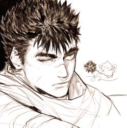 Rule 34 | 1boy, berserk, brown theme, chibi, chibi inset, closed mouth, guts (berserk), monochrome, one eye closed, pigeon666, portrait, puck (berserk), scar, scar on face, scar on nose, short hair, signature, simple background, solo, white background