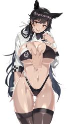 Rule 34 | 1girl, alternate costume, animal ears, arm behind back, atago (azur lane), atago (stunning speedster) (azur lane), azur lane, bikini, black bikini, black hair, black thighhighs, blood rouge, blush, grabbing another&#039;s breast, breasts, brown eyes, cleavage, closed mouth, commentary request, ear piercing, earrings, gluteal fold, grabbing, hair ribbon, hand up, head tilt, highleg, highleg bikini, highres, jewelry, large breasts, lips, long hair, looking at viewer, mole, mole under eye, navel, navel piercing, piercing, race queen, ribbon, ring, shrug (clothing), smile, sweat, swept bangs, swimsuit, thigh gap, thighhighs, two-tone bikini, very long hair, white ribbon, wrist cuffs
