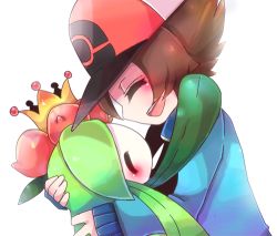 Rule 34 | 1boy, 1girl, ^ ^, arm up, baseball cap, blue jacket, blush, brown hair, closed eyes, colored skin, couple, creatures (company), crown, flower, from side, game freak, gen 5 pokemon, green hair, hair flower, hair ornament, hand on another&#039;s head, happy, hat, height difference, hetero, hilbert (pokemon), hug, interspecies, jacket, lilligant, long hair, long sleeves, lowres, monster girl, nintendo, open mouth, plant, plant girl, poke ball symbol, pokemon, pokemon (creature), pokemon bw, profile, red flower, red headwear, shira (sirairo116), short hair, sidelocks, sideways mouth, simple background, smile, teeth, upper body, white background, white skin, yellow headwear